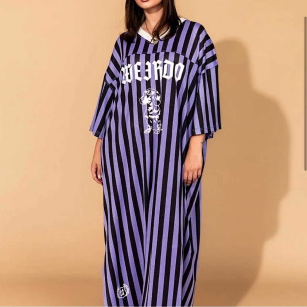 Dressed in LALA Purple and Black Striped Jersey Dress